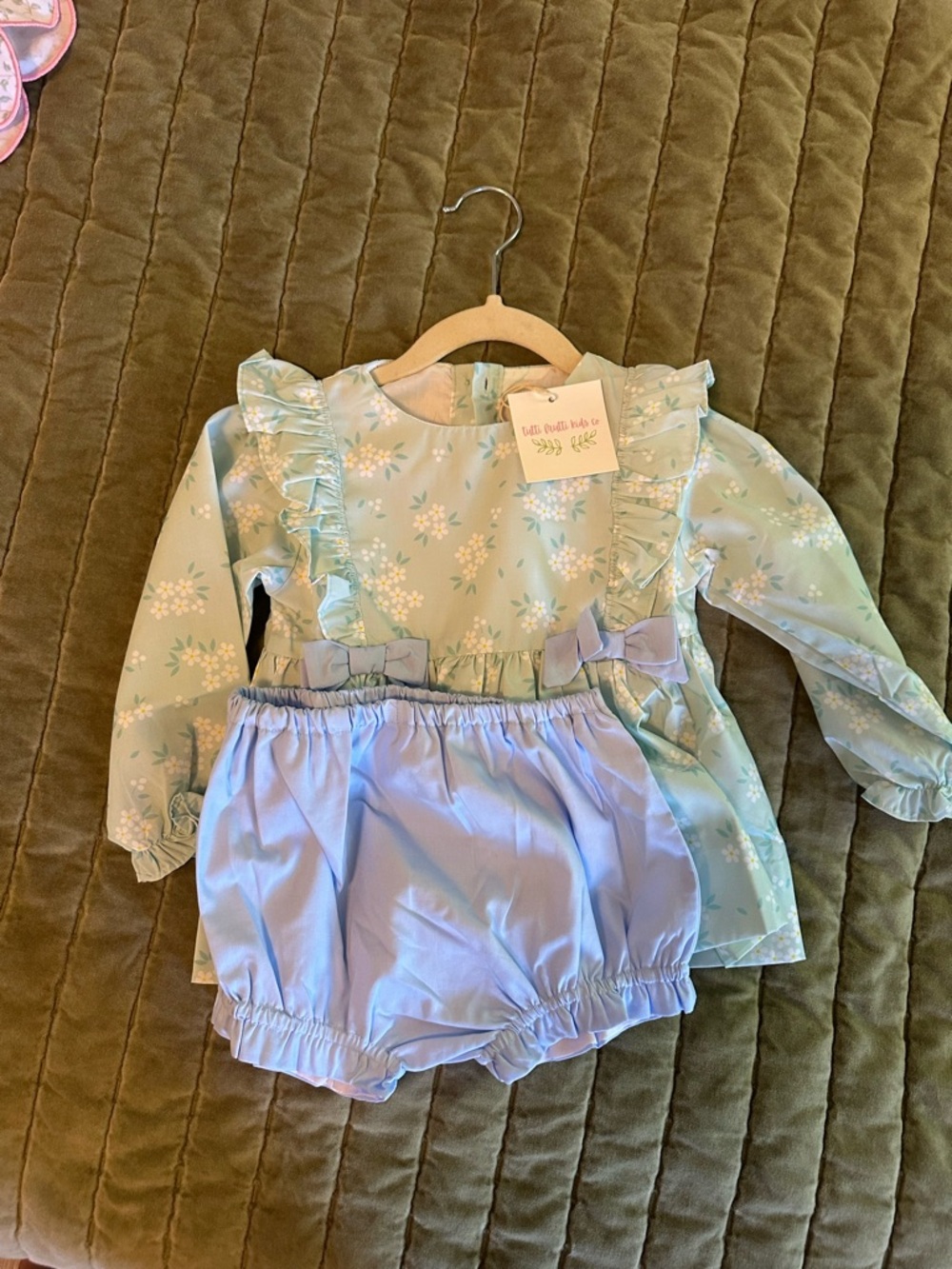 Girls Mint Floral Ruffle Top and Light Blue Bloomers Matching Set